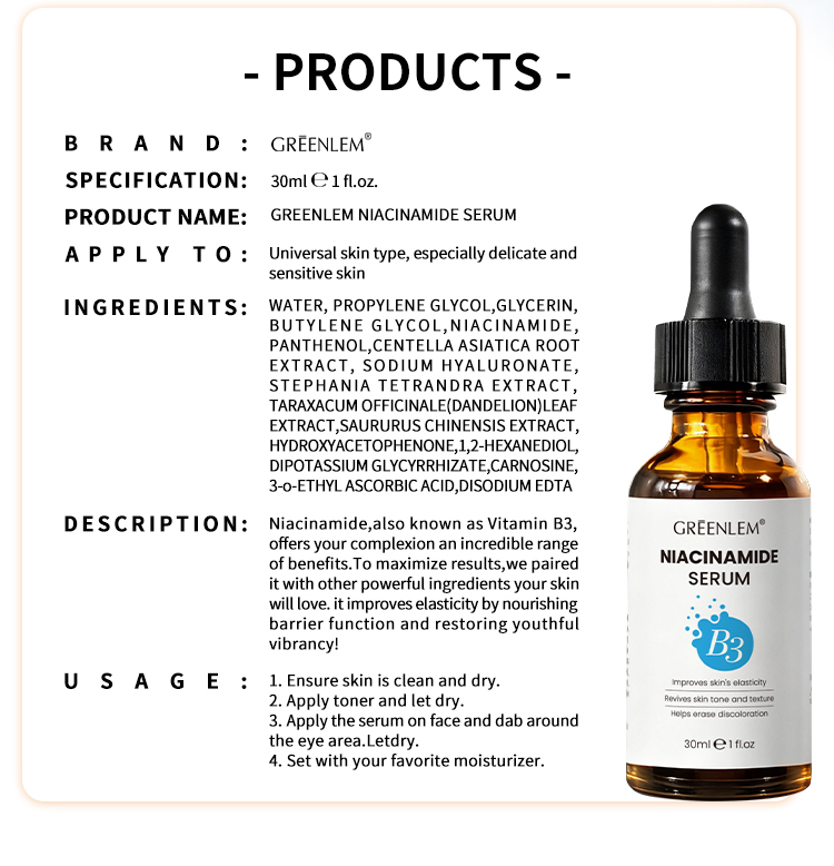 Custom B3 Niacinamide 10% Brightening Serum for Face, Anti-Aging Whitening Essence