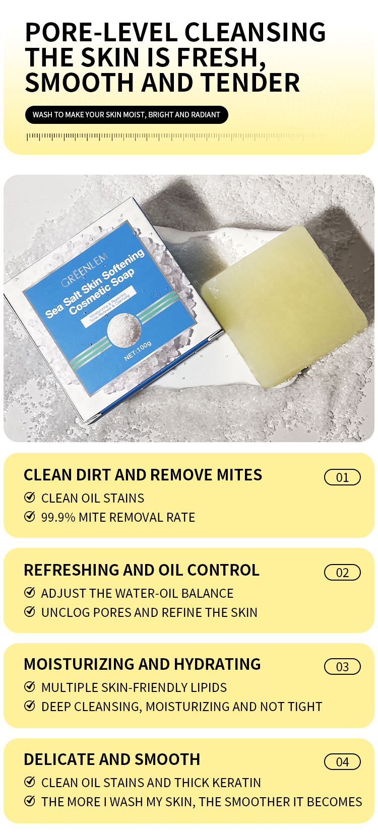 Square Solid Sea Salt Soap Bar Handmade Whitening Soothing Skin Care Exfoliating Dead Cells Fade Dark Spots Gentle Cleansing(pic3)