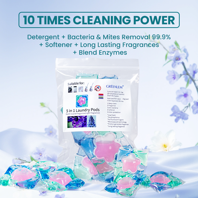 GreenLem 5-in-1 Disposable Liquid Capsules Lasting Fragrance Organic Apparel Laundry Detergent Pods Manufacturer's Wholesale