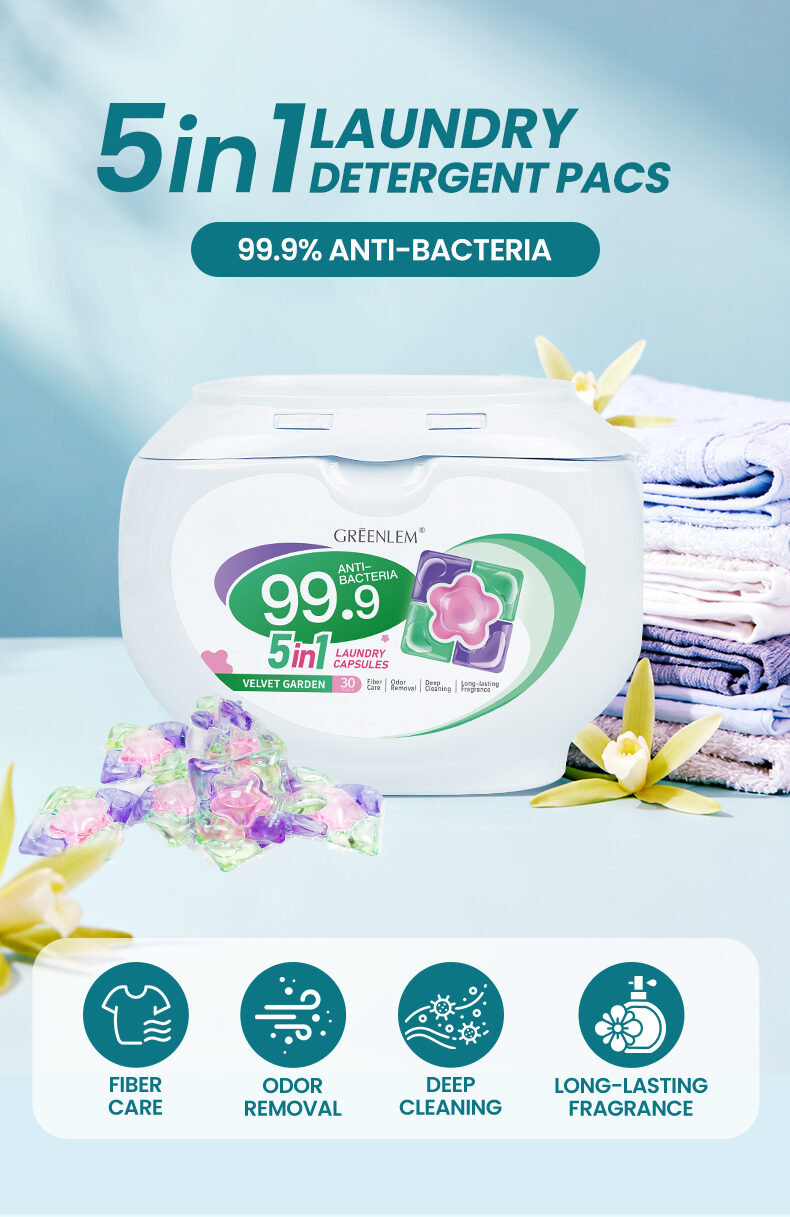 High Quality 5-in-1 Satin Removal DisposableDetergent Capsules Biodegradable Laundry Pods folApparel OEM Private Label Solid(pic1)