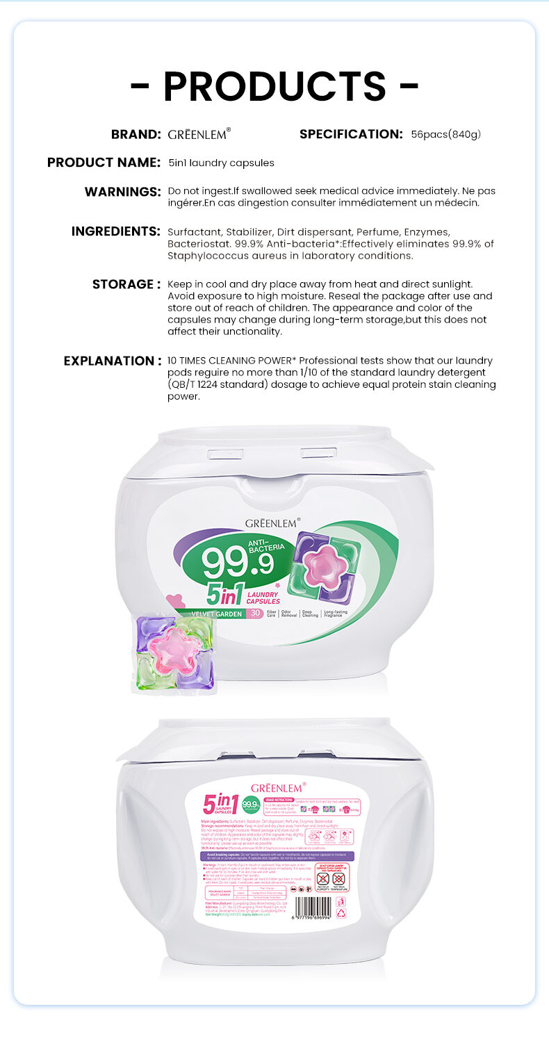 High Quality 5-in-1 Satin Removal DisposableDetergent Capsules Biodegradable Laundry Pods folApparel OEM Private Label Solid(pic7)