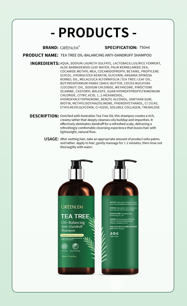 GreenLem Tea Tree Oil Anti-Dandruff Shampoo All Hair Types Cream Formula Damaged Hydrating Nourishing(pic5)