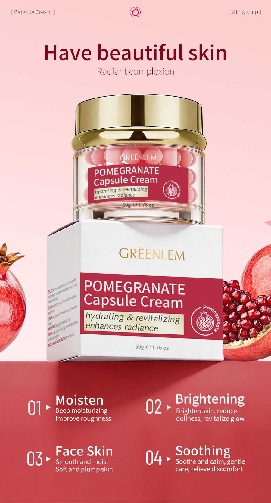 Greenlem Pomegranate Hydrating Night Face Cream Niacinamide Betaine Moisture-Locking Capsule Formula for All Skin Types(pic3)