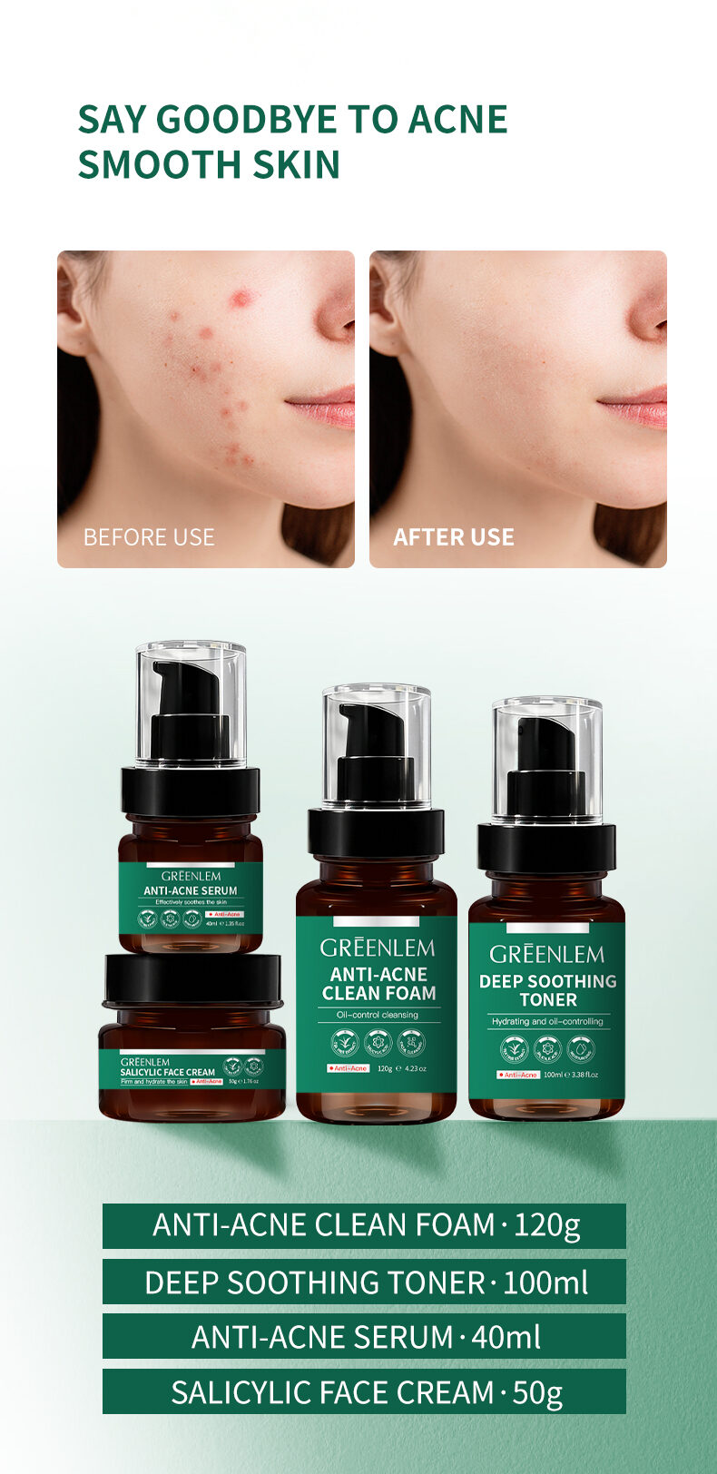 GREENLEM Tea Tree BHA Niacinamide Anti-Acne Skincare Set OEM Private Label Unisex Oily Skin Face Wash Cream Guangdong Wholesale(pic1) GREENLEM Tea Tree BHA Niacinamide Anti-Acne Skincare Set OEM Private Label Unisex Oily Skin Face Wash Cream Guangdong Wholesale(pic1)