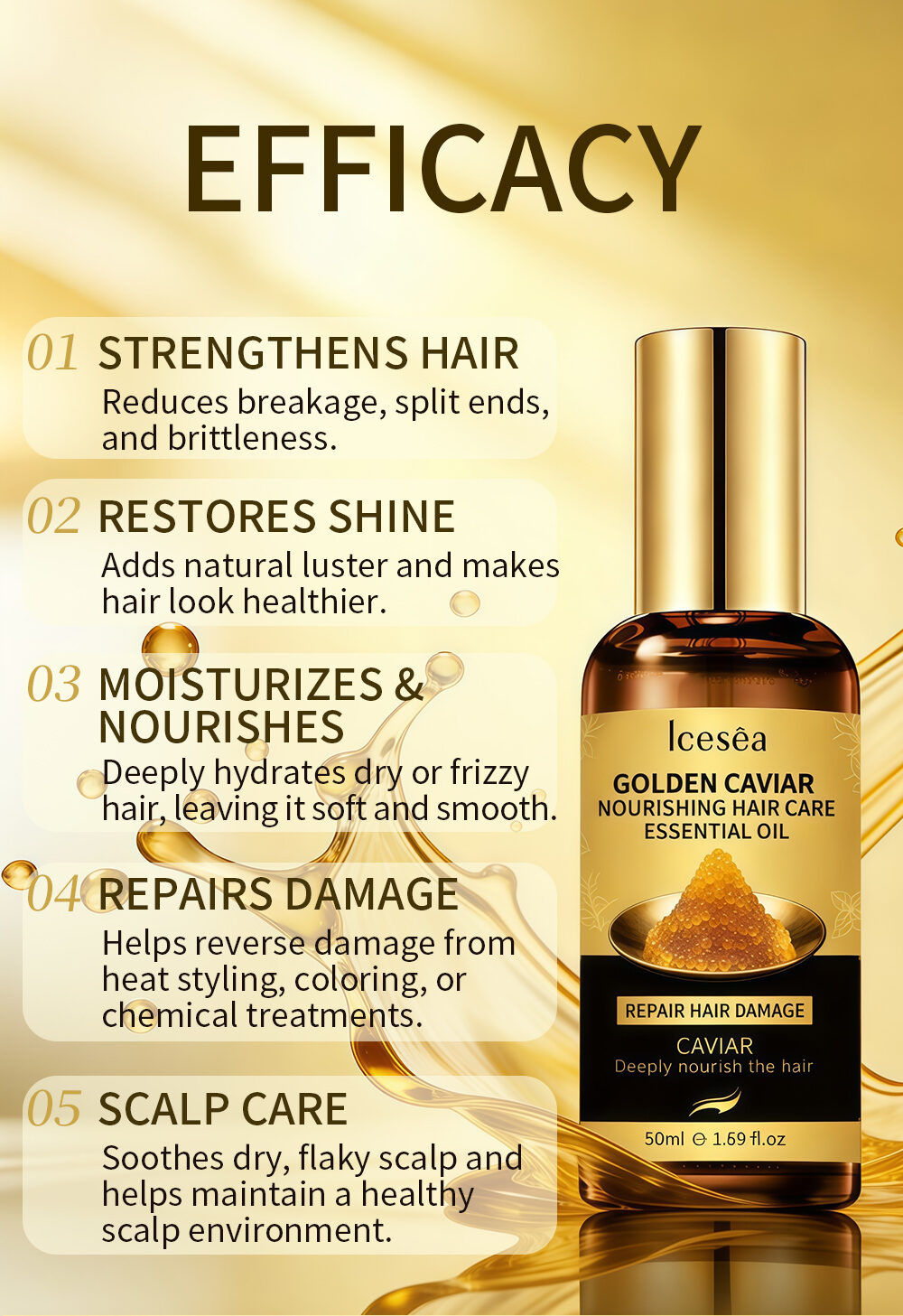 Icesea Golden Caviar Essence Hair Repair Serum Strengthens Roots Nourishes Dry/Damaged Hair with Long-Lasting Shine(pic3)