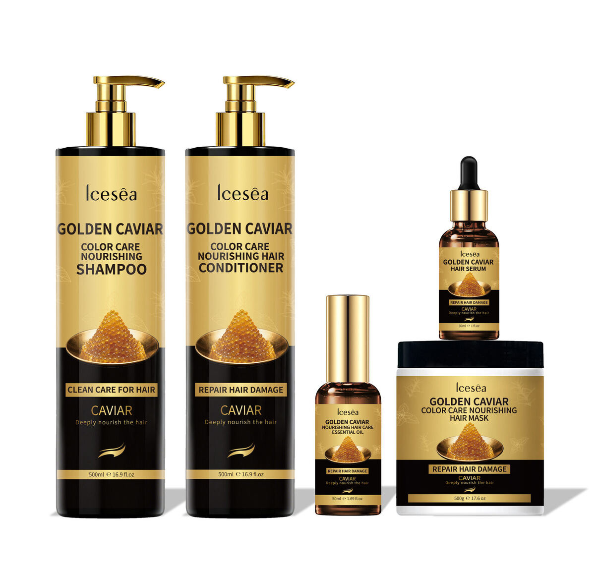 Icesea Golden Caviar 5-in-1 Hair Care Set Strengthening Shampoo Conditioner Serum Oil & Nourishing Mask for Damaged Hair(pic5)