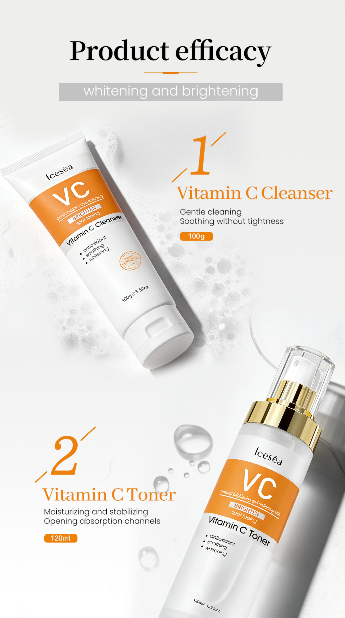 Private Label Vitamin C Skin Care Set 4-in-1 Cleanser Toner Serum Brightening OEM Kit(pic4)