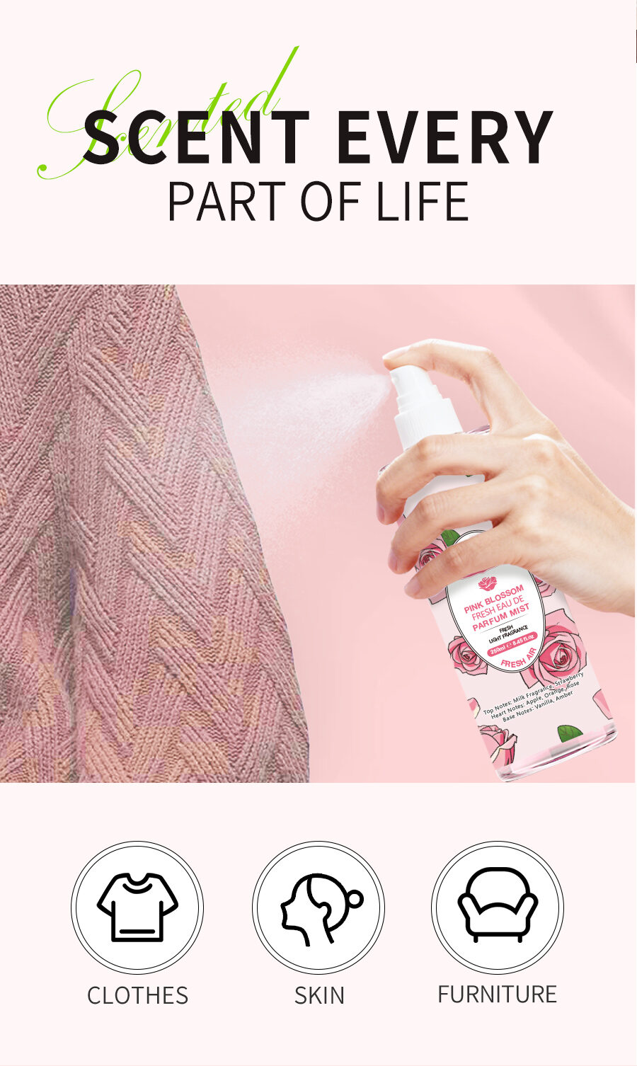 OEM:Pink Floral Language Body Mist Spray Light Perfume Apple Citrus Rose Long Lasting Odor Neutralizer for Women Men Daily Use(pic2)