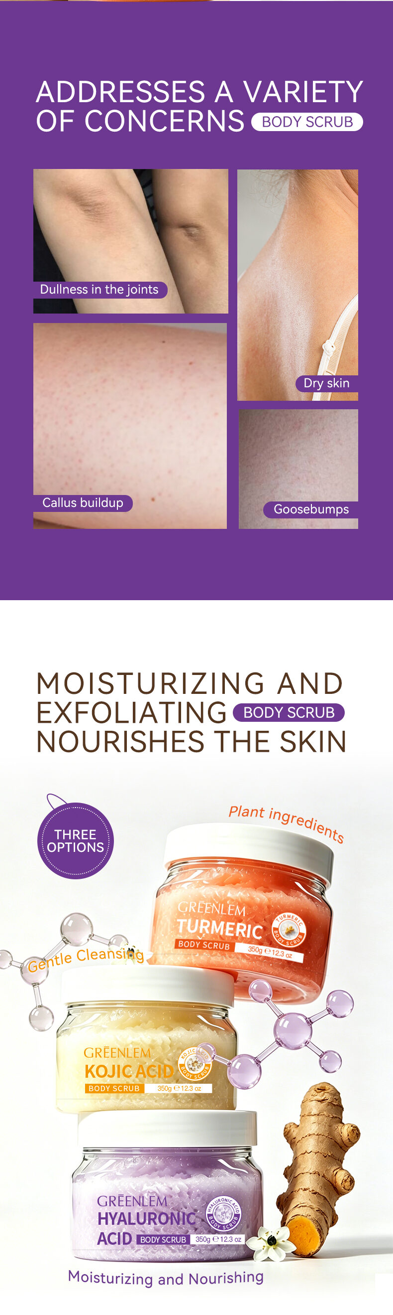 GREENLEM Turmeric Kojic Acid Body Scrub Dark Spot Fading Even Skin Tone 350g/12.3oz(pic2)