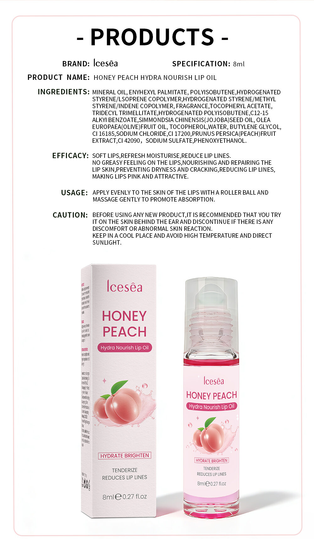 Icesea Honey Peach Lip Oil 8ml Hydrating Nourishing Lip Gloss Reduces Lip Lines OEM Wholesale(pic5)