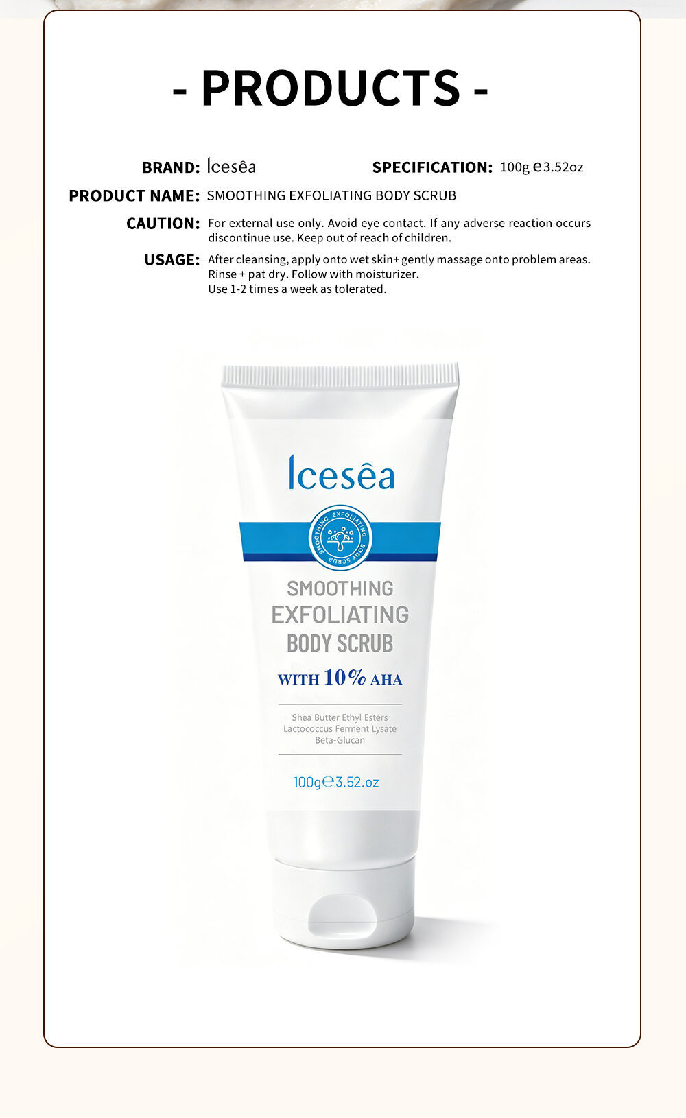 OEM Private Label 10% AHA Smoothing Exfoliating Body Scrub Shea Butter Moisturizing Rough Skin Polishing Treatment 100g(pic5)