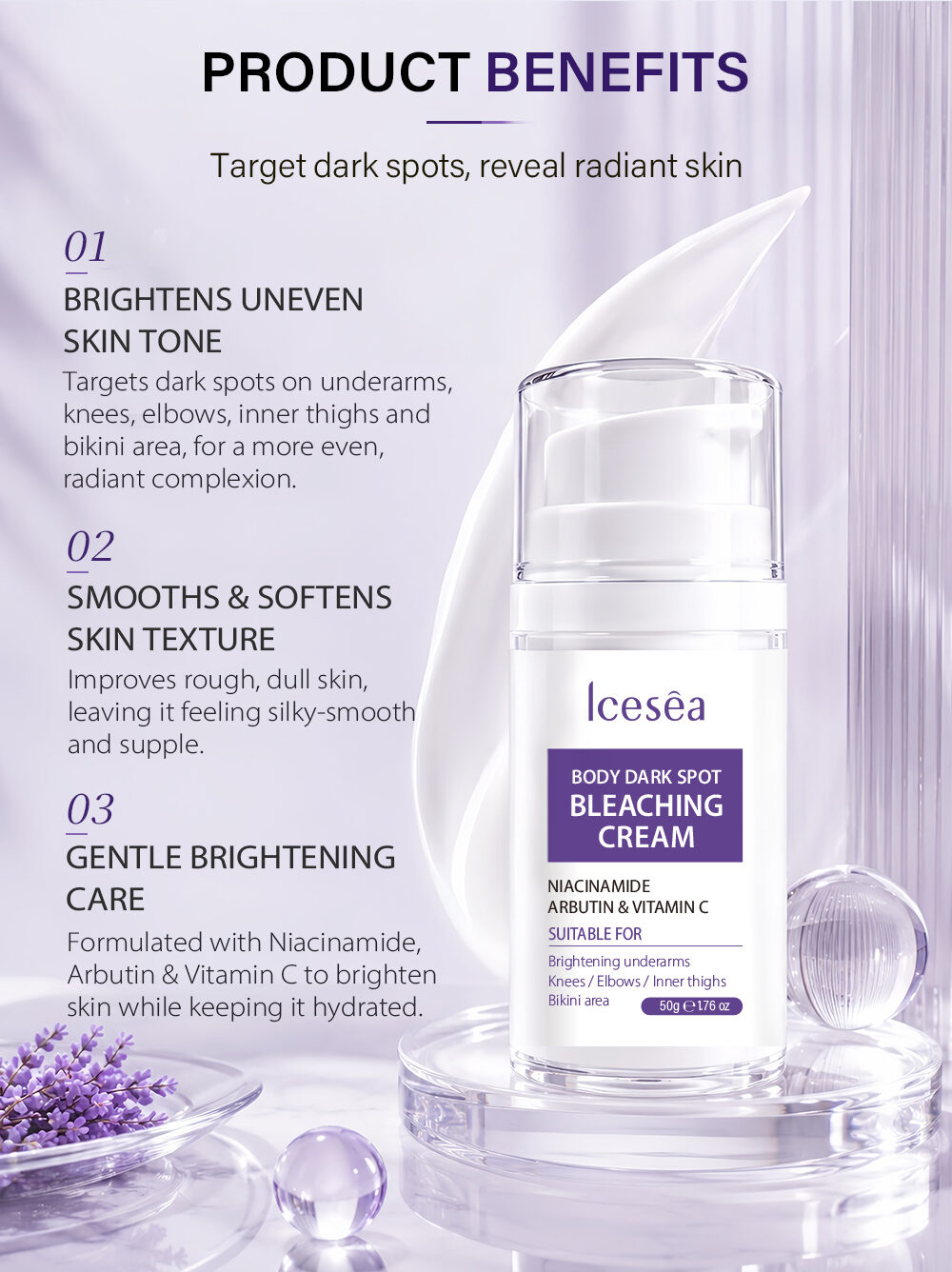 OEM ODM Body Dark Spot Lightening Cream With Niacinamide Arbutin Vitamin C for Inner Thighs Elbows Underarm Brightening 50g(pic3)