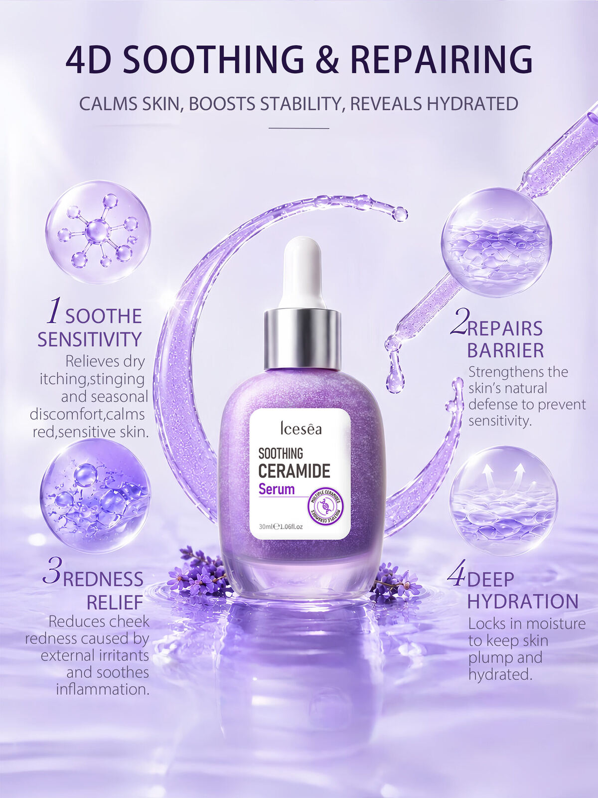 OEM ODM Lavender Ceramide Barrier Repair Serum Gentle Soothing Relieve Facial Redness Hydrating Sensitive Skin Facial Essence(pic3)